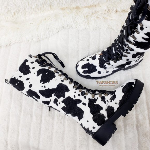 Savage Cow Combat Lace Up Knee Boots Faux Cow Print Brand New - Picture 6 of 17